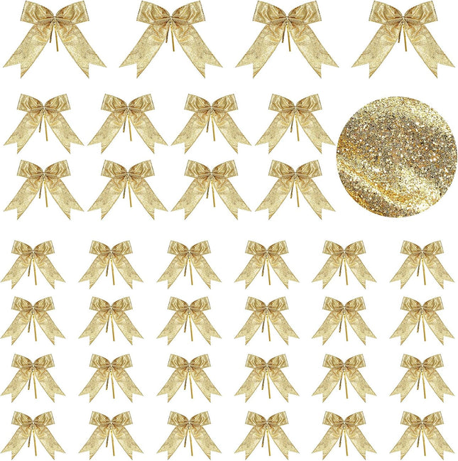 Waydress 36 Pieces Bow Decor, Christmas Tree Bow Ornament, Glitter Ribbon Bowknot for Wreath Garland, Party Crafts Home Decoration, 3 Sizes 4.3 x 4.7 Inch, 5.1 x 5.5 Inch, 6.3 x 6.7 Inch (Gold)