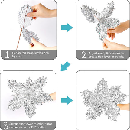 Sggvecsy 10 Pcs Christmas Glitter Flowers 9.8inch Christmas Tree Ornaments Shining Artificial Poinsettia Stems Floral Picks for Xmas Holiday Wedding Wreath Party Floral Decorations(Silver)