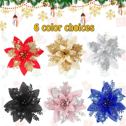 Poinsettia Christmas Flowers Decoration -12Pcs Artificial Red Gold Poinsettia Christmas Tree Ornaments Glittery for Xmas Year Wedding Party Wreath DIY Garland Decor (Royal Blue)