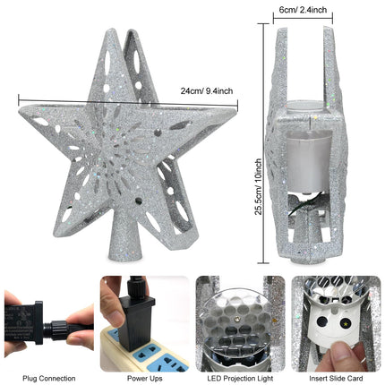 Christmas Tree Topper Star Lighted with 6 Projection Modes, LED Christmas Ribbon Lights with Built-in Rotating LED Dynamic Projector, 3D Glitter Hollow Star Tree Topper Starry Night Light, Silver