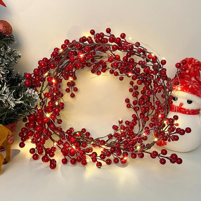 RECUTMS Artificial Berry Christmas Garland Faux Fireplace Garland Fake Hanging Garland with 30 LED Fairy String Lights Indoor Outdoor Wedding Arch Home Garden Party Fireplace Wall Decor (Red)