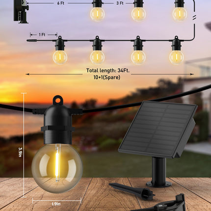 Brightown Outdoor Solar String Lights 34FT - LED G40 Pro Globe Patio Energy Saving with 11 Shatterproof Bulbs, 3 Light Modes Waterproof Hanging Lights for Christmas Outside Garden Backyard Party Decor