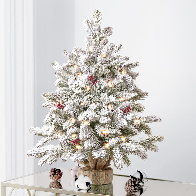 20 inch Mini Flocked Christmas Tree, Pre Lit Artificial Christmas Tree Snow Flocked Christmas Tree with Red Berries and Pinecones DIY Decorations Tabletop Christmas Tree