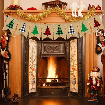 Doumeny Plaid Christmas Tree Burlap Banner Red Black Buffalo Check Christmas Garland Banner Green Christmas Gingham Banner Holiday Party Banner for Mantle Fireplace Wall Door Xmas Party Supplies Decor
