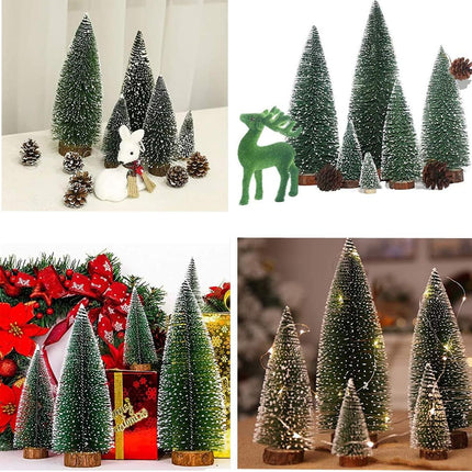 5 PCS Christmas Trees Desktop Miniature Pine Tree Artificial Mini Christmas Sisal Snow Frost Trees with Wooden Bases Plastic Winter Snow Ornaments Tabletop Trees for Christmas Party Home Decor
