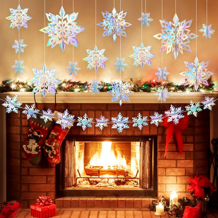 24 Pcs Christmas Hanging Snowflake Decorations, 3D Paper Snowflake Garland Ornaments for Christmas Home Tree Winter Party Decorations