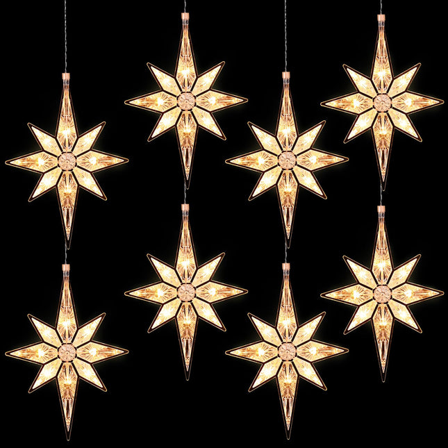 Mudder 8 Pieces 10.8 Inch Christmas Window Star Lights Plastic Lighted Star Tree Topper Decoration Large Hanging Stars Christmas Window Lights LED Star Window Silhouette Decoration (Warm White)