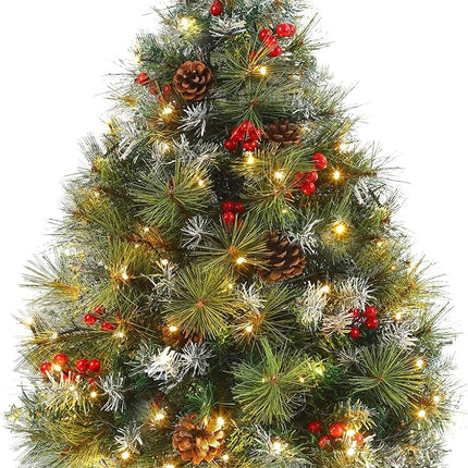 3FT Christmas Tree - Flocked Xmas Tree with 70 LED Lights & 8 Modes, Lifelike Pine Branches, Decorated with 10 Red Berries & 10 Pine Cones, Small Tabletop Christmas Tree for Home Apartment Office Dorm