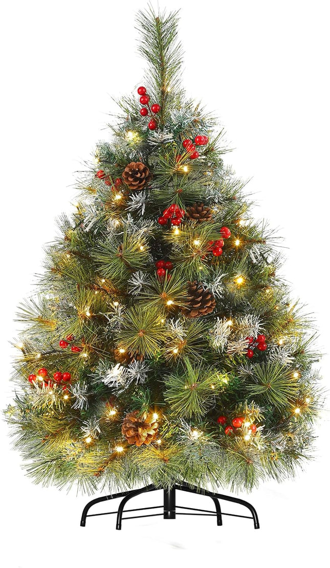 3FT Christmas Tree - Flocked Xmas Tree with 70 LED Lights & 8 Modes, Lifelike Pine Branches, Decorated with 10 Red Berries & 10 Pine Cones, Small Tabletop Christmas Tree for Home Apartment Office Dorm