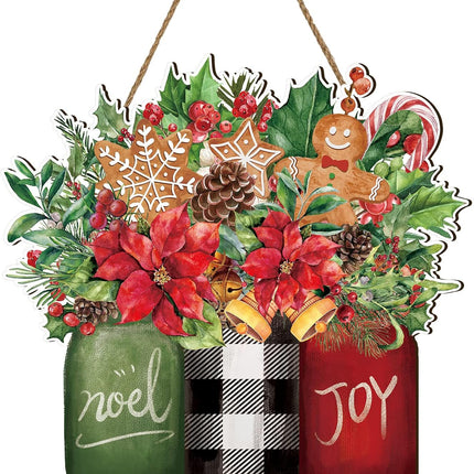 Whaline Christmas Wooden Hanging Sign Xmas Floral Welcome Door Sign Christmas Noel Joy Mason Jar Wood Door Hanger for Christmas Year Farmhouse Home Office Window Decoration