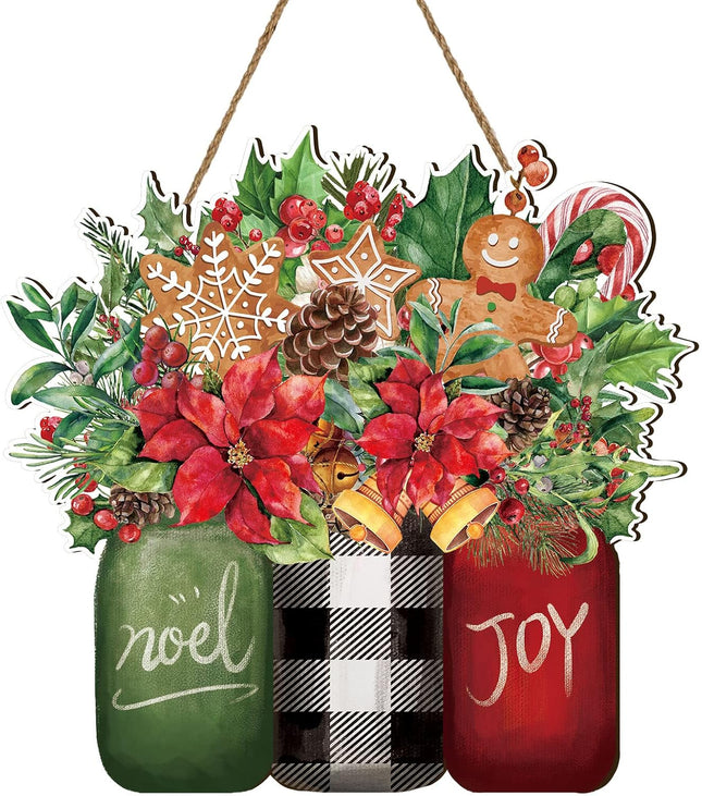 Whaline Christmas Wooden Hanging Sign Xmas Floral Welcome Door Sign Christmas Noel Joy Mason Jar Wood Door Hanger for Christmas Year Farmhouse Home Office Window Decoration