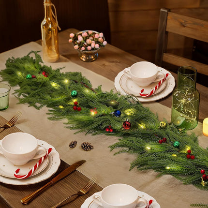 2 Pcs Artificial Norfolk Pine Garlands, Real Touch Winter Pine Garland with Berries, Decorative Balls and LED Light, for Table, Mantle, Wall, Indoor, Outdoor Christmas Decorations (2, 6 FT)