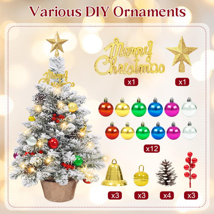 24 in Tabletop Mini Christmas Tree Set, Small Snow Flocked Prelit Christmas Tree with Warm LED Lights, Star Treetopper, Plastic Pine Cones, Berrys and Hanging Ornaments for DIY Christmas Decorations