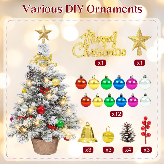 24 in Tabletop Mini Christmas Tree Set, Small Snow Flocked Prelit Christmas Tree with Warm LED Lights, Star Treetopper, Plastic Pine Cones, Berrys and Hanging Ornaments for DIY Christmas Decorations