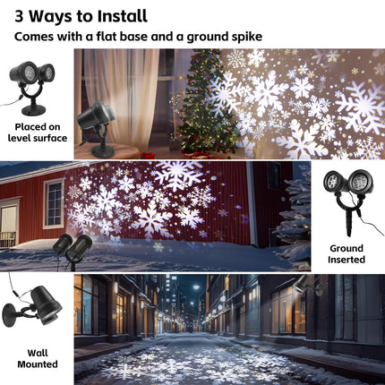 Christmas Snowflake Projector Lights Outdoor, IP65 Waterproof Plug-in LED Projector Light with Moving Snowflake & Dual-Head Design, Outside Bright Xmas Holiday Decorations for House