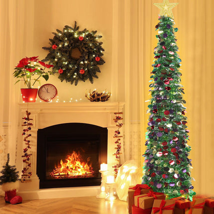 HMASYO 6 FT Pop Up Christmas Tree with 100 LED Lights & Remote, Green Tinsel Artificial Pencil Christmas Tree Xmas Decoration for Home, Office, Party, USB Powered Timer Lights, Easy Assembly