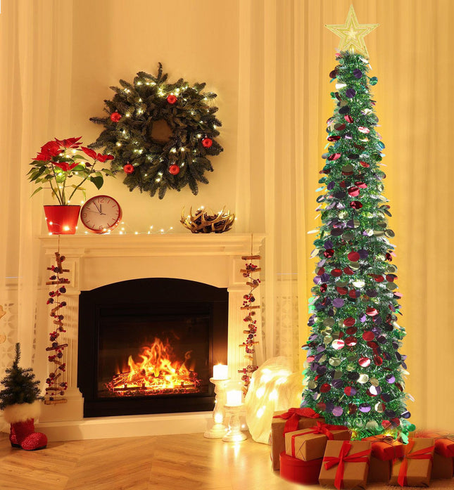 HMASYO 6 FT Pop Up Christmas Tree with 100 LED Lights & Remote, Green Tinsel Artificial Pencil Christmas Tree Xmas Decoration for Home, Office, Party, USB Powered Timer Lights, Easy Assembly