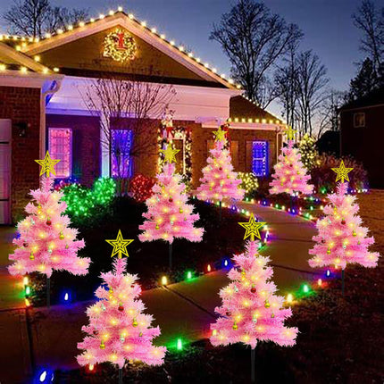 4-Pack Pink Solar Christmas Tree Outdoor Christmas Decorations, 80 LED Xmas Tree Solar Christmas Lights, Waterproof Small Pink Christmas Tree with Ball Ornaments for Front Porch,Patio, Yard, Pathway
