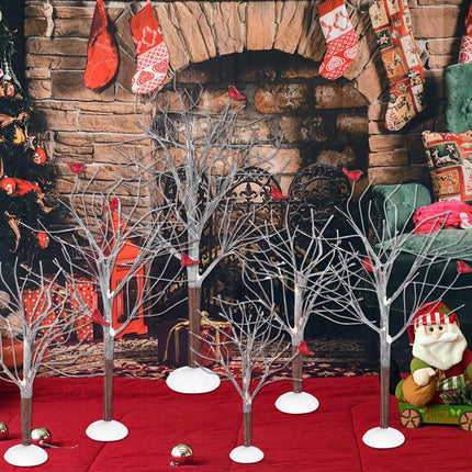 8 Pcs Christmas Decor Trees Christmas Village Trees Set Mini Decor Trees with Red Birds Snow Village Frost Trees Winter Snow Model Birch Trees Village Accessories for House Garden Winter Table Decor
