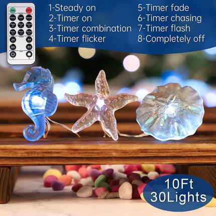Impress Life Nautical Theme Decorative String Lights, Ocean Decor Under The Sea Sand Dollars Seahorse Beach Lights Battery&USB Plug in with Remote 10 ft 30 LEDs for Covered Outdoor Birthday Party