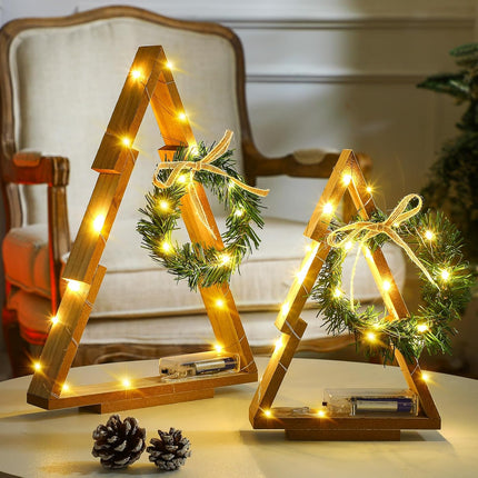 Leinuosen Set of 2 Wood Christmas Tree with Lights Farmhouse Lighted Wooden Christmas Tree with Mini Xmas Wreath and Bow for Home Tabletop Fireplace Mantle Shelf Decor Holiday Centerpiece Decorations