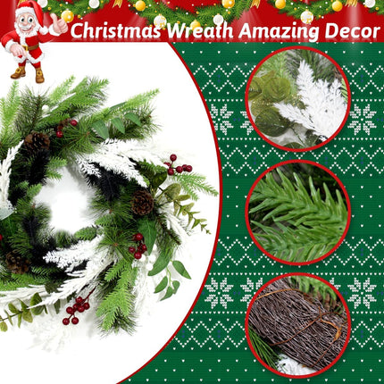 Large Christmas Wreath, 22 Inch Artificial Wreath with Red and White Berry, Pine Cone and Branches, Eucalyptus, Handmade Wreath for Xmas Home Front Door Window Decoration