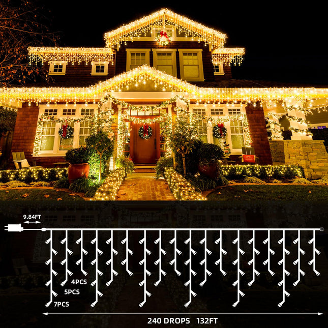 132Ft 1280 LED Christmas Icicle Lights Extra Long 8 Modes Waterproof Icicle String Lights with 240 Drops, Fairy Hanging Lights Decor with Remote for Xmas Wedding Indoor Outdoor(Warm White)