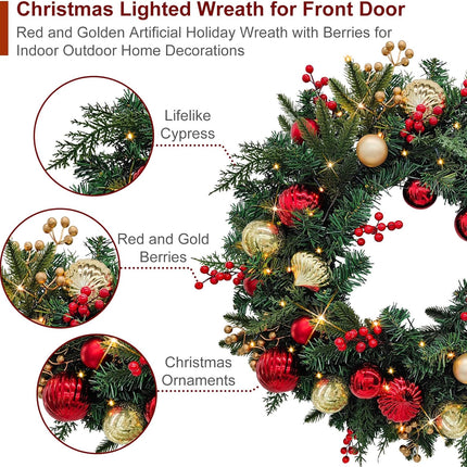 Christmas Lighted Wreath for Front Door, 28 Inches Pre-Lit 35 LED Lights, Red and Golden Artificial Holiday Wreath with Berries for Indoor Outdoor Home Decorations