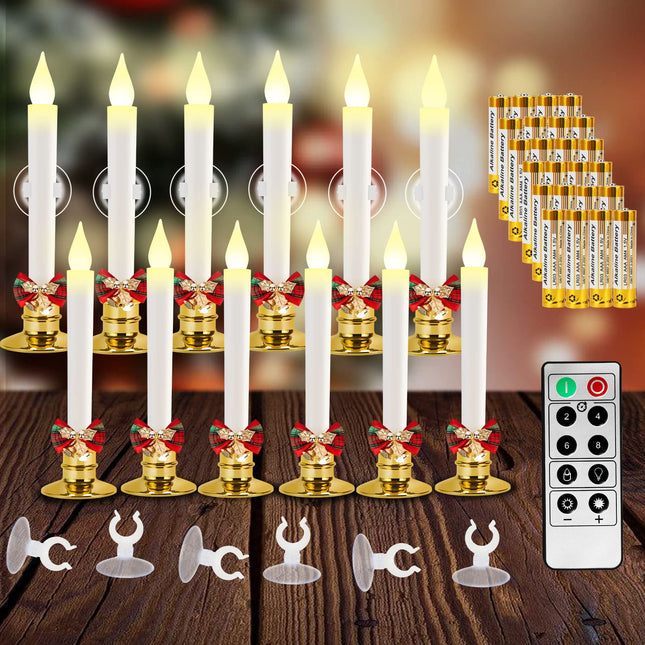 Set of 12 Flameless Candles-Window Candles-LED Battery Operated Candles,with 24 AA Batteries,10-Key Remote and Daily Timer,Window Suction Cups,Gold Removable Holders,Christmas Bow