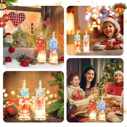 Christmas Flameless Candles with Santa Claus, Snowman,Decals Set of 4, Battery Operated Christmas Themed LED Candles for Festival Christmas Decorations