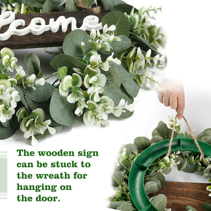 Sggvecsy 16in Artificial Eucalyptus Wreath with Welcome Sign Green Eucalyptus Leaf Wreath Greenery Wreath Round Leaves Wreath for Front Door Wall Window Festival Farmhouse Porch Patio Garden Decor