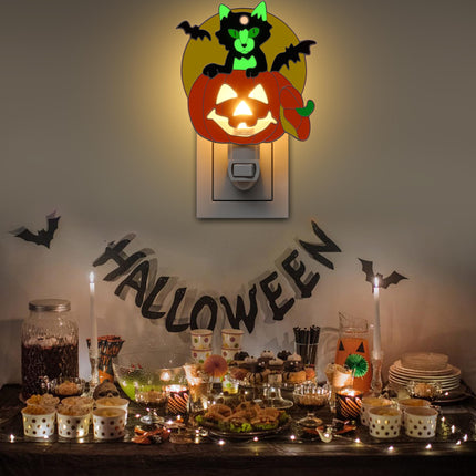 Halloween Black Cat Pumpkin Luminous Night Lights Plug into Wall, Fluorescence Metal Bright Plug in Nightlight, Halloween Christmas Valentine Holidays