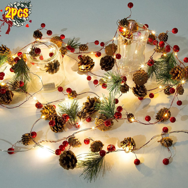 2 Pack Artificial Christmas Garland with Lights - Battery Operated 6.56FT Prelit Garland with 20 LED lights, Red Berries, Pine Cones, Pine Needles Decor for Xmas Tree Thanksgiving Home Fireplace Party