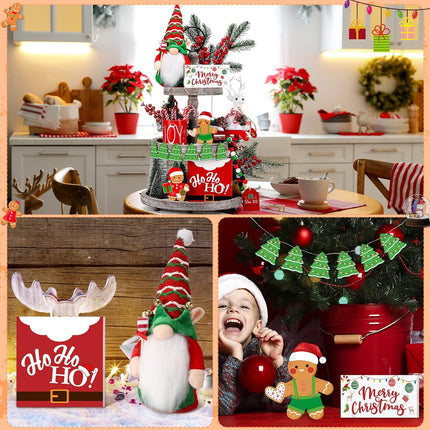 23 Pcs Christmas Tiered Tray Decorations, Gnome Plush 12oz Red Joy Mug Gingerbread Man Xmas Tree Bead Garland Candy Cane Merry Christmas Wooden Tray Signs for Xmas Farmhouse Home Table Decoration