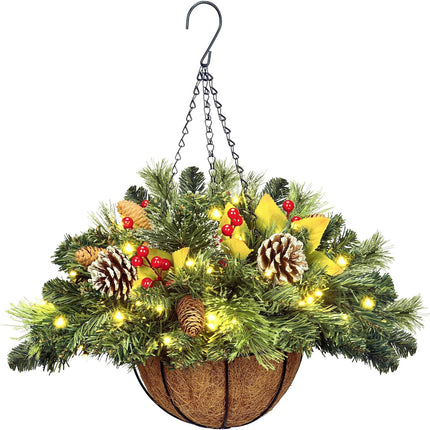 Artificial Christmas Hanging Basket, Decorated with Frosted Pine Cones, Berry Clusters, 30 LED Warm Lights,Christmas Outdoor Decorations for Front Porch Garden Yard Xmas Decor,20 Inches