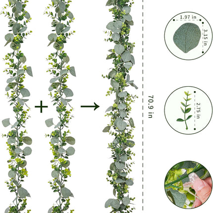 2 Pcs Eucalyptus Garland,5.9 FT Artificial Greenery Garland Fake Vines Eucalyptus Garland for Wedding Centerpiece Table Party Indoor Outdoor Wall Decor