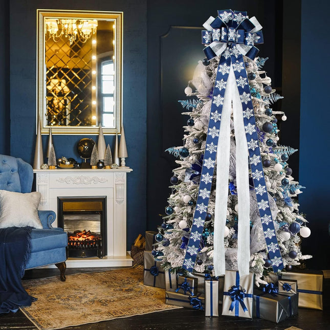 Glitter Christmas Tree Topper Bow with 53 Inch Blue Streamers Velvet Wired Ribbon,Large Christmas Bows with Snowflake Patterned for Wedding, Christmas,Party Decoration