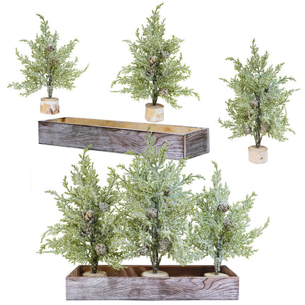 Winlyn 3 Pack Snowy Mini Cedar Trees with Pinecones and Wood Bases Artificial Small Christmas Tabletop Trees and Rustic Wood Planter for Winter Holiday Christmas Mantel Farmhouse Table Centerpiece