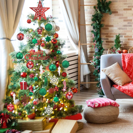 73 Pcs Christmas Tree Decorations Set Christmas Tree Pickle Ornaments Xmas Tree Topper Hanging Ball Snowflake Ornaments for Christmas Holiday Party(Stylish,Red, Green)