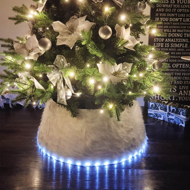 Christmas Tree Collar White Faux Fur/X-mas Tree Base Ring/Tree Bottom Cover/Tree Nest with LED Lights Dismountable for for Decoration Christmas Trees 26inch