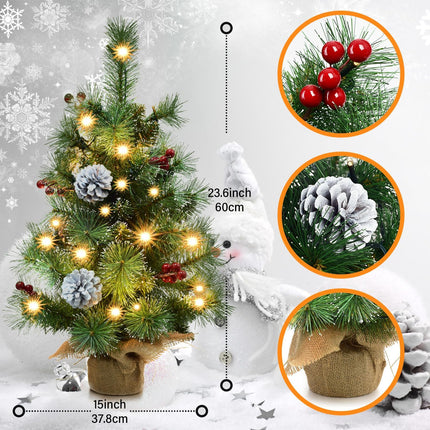 Pre-lit Mini Christmas Trees, Little Christmas Tree with Flocked Pine Needles, Pine Cones, Berries Christmas Decoration, 2 ft Burlap Base Small Trees with 25 Led Lights for Table Top Xmas Decoration