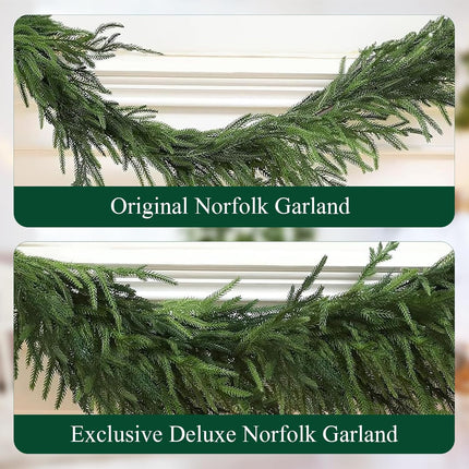 9 FT Real Touch Norfolk Pine Garland Green Artificial Christmas Garland Faux Greenery Garland for Holiday Fireplace Mantle Window Indoor Outdoor Decor, Winter Christmas Decorations (1 PCS)