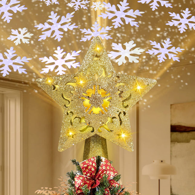 Christmas Tree Topper Lighted with Star Projector, LED Rotating 3D Glitter Tree Topper for Christmas Tree, Christmas Decorations Lights (Golden)