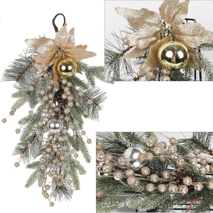 Christmas Teardrop Swags, 20 Inch Artificial Pine Cone Needles Teardrop Wreath with Berries, Ball Ornaments, Poinsettia Swag Garlands for Front Door Window Table Door Decor(Champagne)