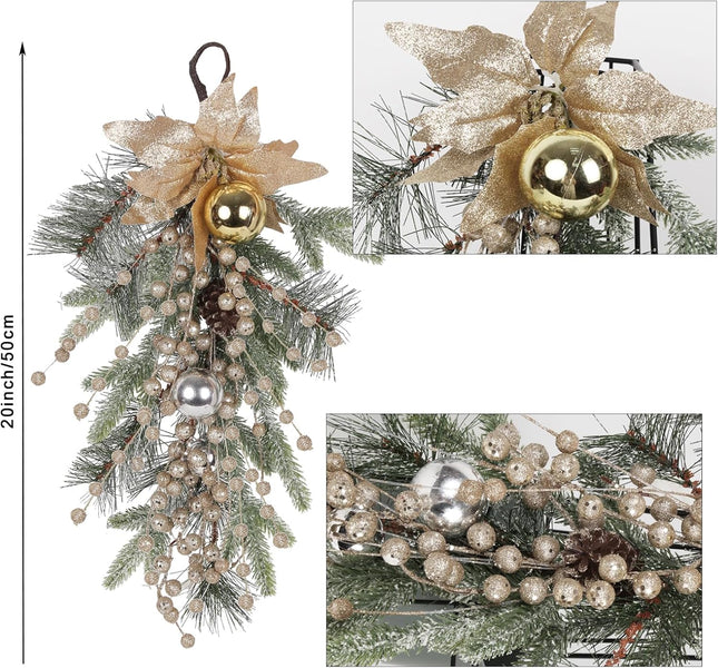 Christmas Teardrop Swags, 20 Inch Artificial Pine Cone Needles Teardrop Wreath with Berries, Ball Ornaments, Poinsettia Swag Garlands for Front Door Window Table Door Decor(Champagne)