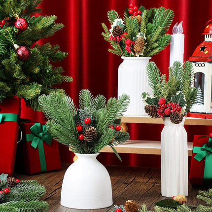 60 Pcs Christmas Artificial Green Pine Needles, Christmas Floral Picks Artificial Holly Red Berry Twig Stem Pine Snowy Cone Branches Garland Bulk for Xmas Tree Craft Holiday Winter (Charming Style)
