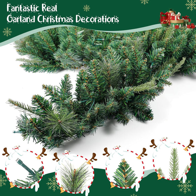 9 ft Christmas Garland, VELOMA Pre-lit Garland with 50 Warm Lights, Classic Green Christmas Garland with 340 Branch Tips