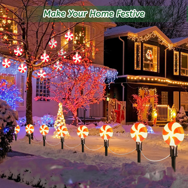 Christmas Lollipop Pathway String Lights, 15.5FT Outdoor Candy Lights with 10 Lights, Connectable Path Lights with Stakes, Festive Waterproof Decoration for Yard, Garden, Xmas Tree