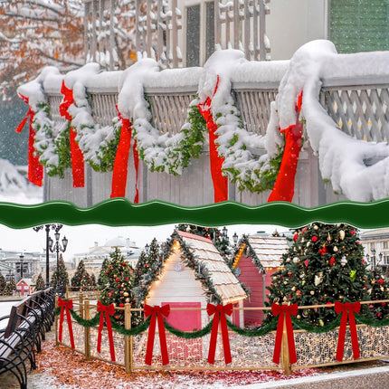 Riceshoot 50 Feet Christmas Garland with Lights and Large Red Bows Christmas Fence Decoration Artificial Xmas Garland with 8 Pcs 28 x 10 Inch Red Velvet Bows for Outdoor Garden Fence Door (Classic)