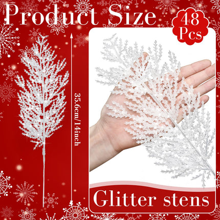 Giegxin 48 PC Christmas Glitter Artificial Pine Needles Pine Tree Twig Picks Branches for Wedding Tree Glittery Stem for Christmas DIY Wreath Garden Embellishing Garland Decoration(White)